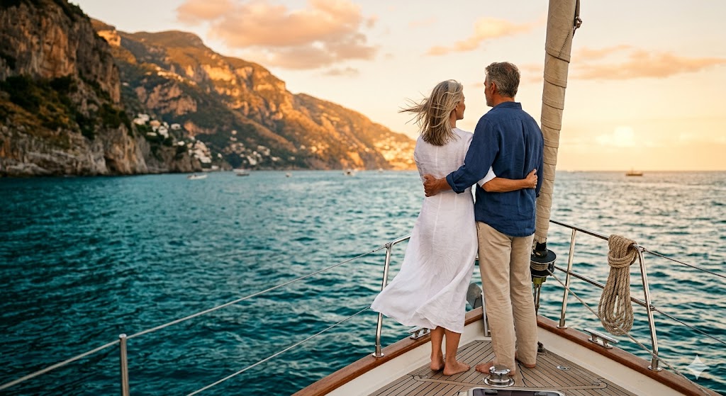 A couple enjoying retirement on a sailboat at sunset along the Amalfi Coast