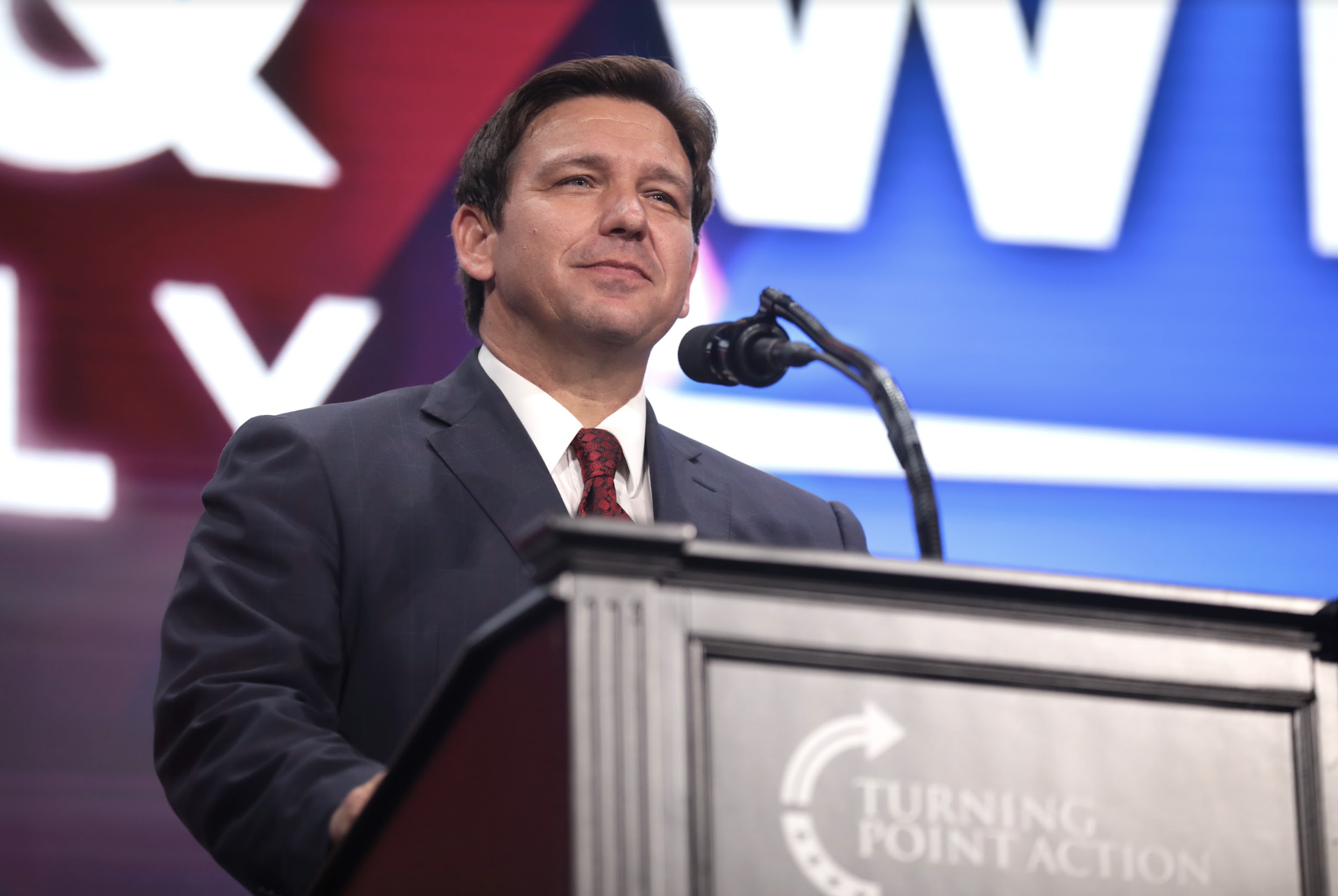 Gov. Ron DeSantis speaking at a Turning Point Action rally