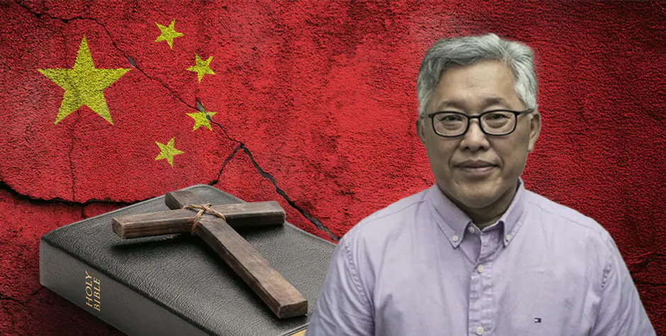 Photo of Pastor in front of Holy Bible, Cross, and Chinese Flag