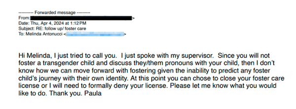 Email threatening to revoke the couple’s foster care license.