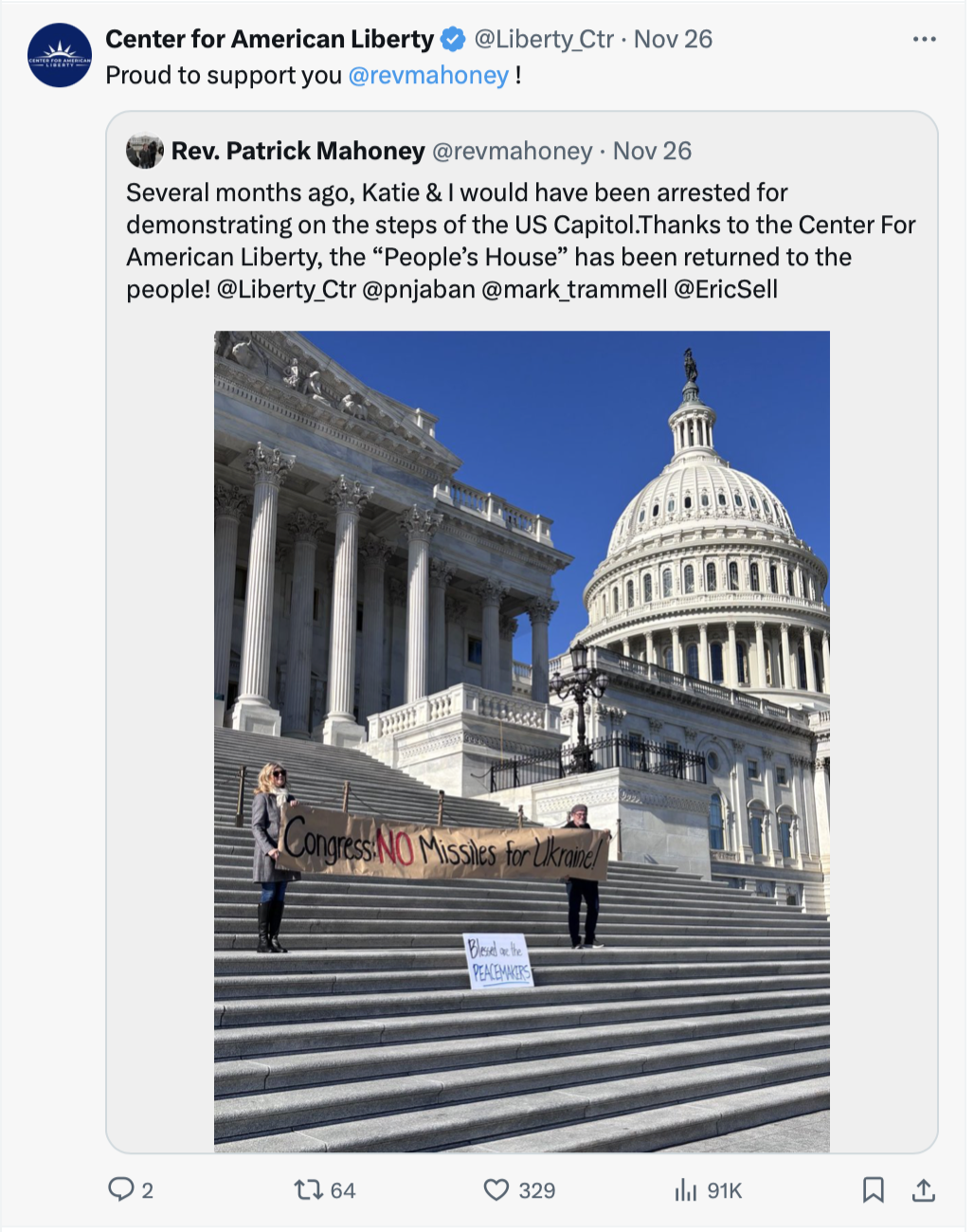 Rev. Mahoney demonstrates on the Capitol Steps over the Thanksgiving holiday