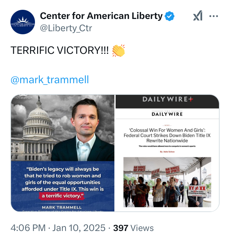 Center for American Liberty Title IX Victory Tweet